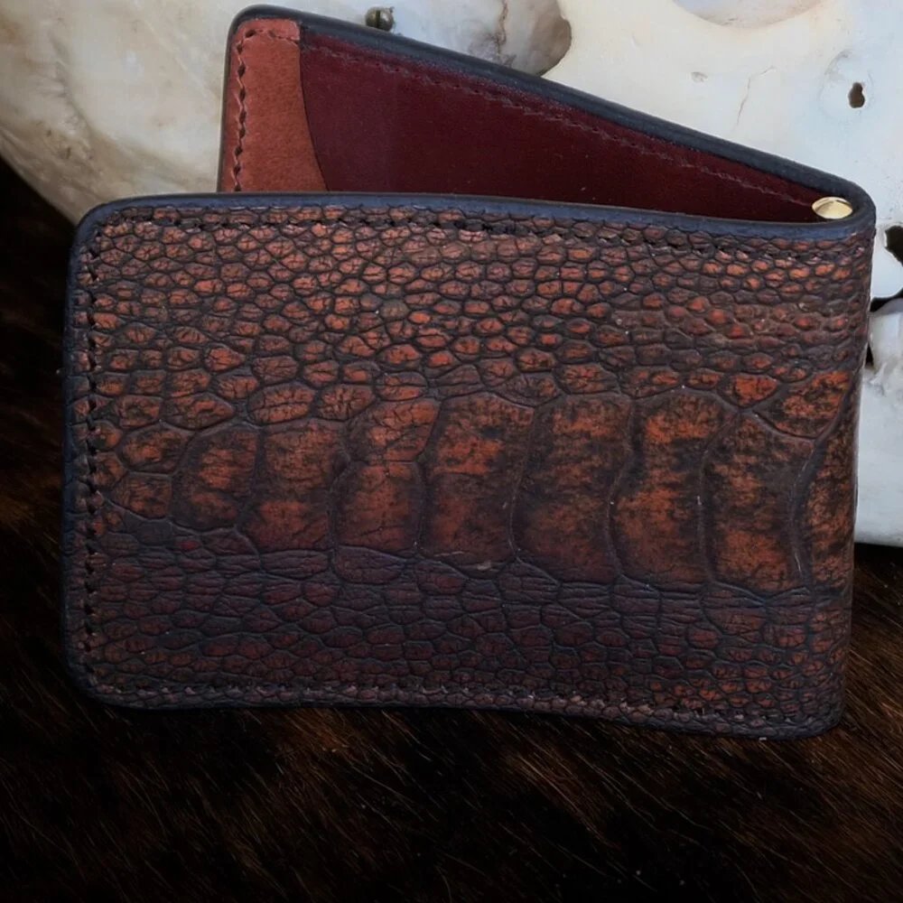 Premium Exotic Brown Ostrich Leg Leather Billfold Money Clip, ethically sourced